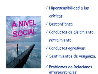 Hipersensibilidad a las críticas Desconfianza Conductas de aislamiento, retraimiento. Conductas agresivas. Sentimientos de venganza. Problemas de Relaciones interpersonales - 