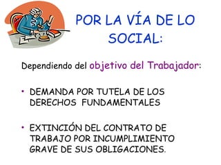 POR LA VÍA DE LO SOCIAL : Dependiendo del  objetivo del Trabajador : DEMANDA POR TUTELA DE LOS DERECHOS  FUNDAMENTALES EXTINCIÓN DEL CONTRATO DE TRABAJO POR INCUMPLIMIENTO GRAVE DE SUS OBLIGACIONES . 