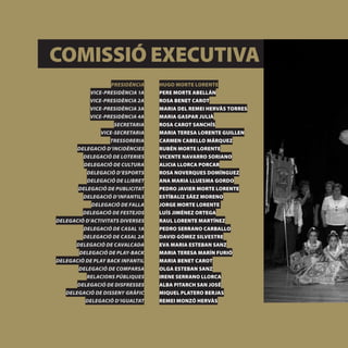 COMISSIÓ EXECUTIVA
                      PRESIDÈNCIA   HUGO MORTE LORENTE
              VICE-PRESIDÈNCIA 1A   PERE MORTE ABELLÁN
              VICE-PRESIDÈNCIA 2A   ROSA BENET CAROT
              VICE-PRESIDÈNCIA 3A   MARIA DEL REMEI HERVÀS TORRES
              VICE-PRESIDÈNCIA 4A   MARIA GASPAR JULIÀ
                       SECRETARIA   ROSA CAROT SANCHÍS
                  VICE-SECRETARIA   MARIA TERESA LORENTE GUILLEN
                     TRESSORERIA    CARMEN CABELLO MÁRQUEZ
         DELEGACIÓ D’INCIDÈNCIES    RUBÉN MORTE LORENTE
           DELEGACIÓ DE LOTERIES    VICENTE NAVARRO SORIANO
           DELEGACIÓ DE CULTURA     ALICIA LLORCA PORCAR
            DELEGACIÓ D’ESPORTS     ROSA NOVERQUES DOMÍNGUEZ
            DELEGACIÓ DE LLIBRET    ANA MARIA LLUESMA GORDO
         DELEGACIÓ DE PUBLICITAT    PEDRO JAVIER MORTE LORENTE
           DELEGACIÓ D’INFANTILS    ESTÍBALIZ SÁEZ MORENO
              DELEGACIÓ DE FALLA    JORGE MORTE LORENTE
           DELEGACIÓ DE FESTEJOS    LUÍS JIMÉNEZ ORTEGA
  DELEGACIÓ D’ACTIVITATS DIVERSES   RAUL LORENTE MARTÍNEZ
           DELEGACIÓ DE CASAL 1A    PEDRO SERRANO CARBALLO
           DELEGACIÓ DE CASAL 2A    DAVID GÓMEZ SILVESTRE
        DELEGACIÓ DE CAVALCADA      EVA MARIA ESTEBAN SANZ
         DELEGACIÓ DE PLAY-BACK     MARIA TERESA MARÍN FURIÓ
  DELEGACIÓ DE PLAY BACK INFANTIL   MARIA BENET CAROT
         DELEGACIÓ DE COMPARSA      OLGA ESTEBAN SANZ
            RELACIONS PÚBLIQUES     IRENE SERRANO LLORCA
         DELEGACIÓ DE DISFRESSES    ALBA PITARCH SAN JOSÉ
     DELEGACIÓ DE DISSENY GRÀFIC    MIQUEL PLATERO BERJAS
            DELEGACIÓ D’IGUALTAT    REMEI MONZÓ HERVÀS


[ 26 ]
 