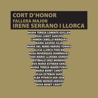 CORT D’HONOR
FALLERA MAJOR
IRENE SERRANO I LLORCA
         MARIA TERESA LORENTE GUILLEN
               ROSA CAROT SANCHÍS
           CARMEN CABELLO MÁRQUEZ
               MARIA GASPAR JULIÀ
         MARIA DEL REMEI HERVÀS TORRES
              ALICIA LLORCA PORCAR
          ROSA NOVERQUES DOMÍNGUEZ
           ANA MARIA LLUESMA GORDO
             ESTÍBALIZ SÁEZ MORENO
            EVA MARIA ESTEBAN SANZ
           MARIA TERESA MARÍN FURIÓ
               MARIA BENET CAROT
               OLGA ESTEBAN SANZ
             ALBA PITARCH SAN JOSÉ
              REMEI MONZÓ HERVÀS
                ROSA BENET CAROT

[ 30 ]
 