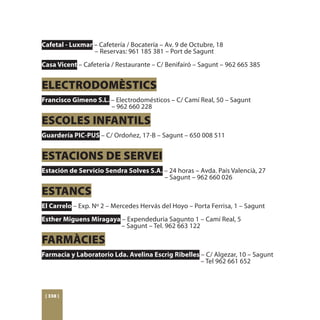 Cafetal - Luxmar – Cafetería / Bocatería – Av. 9 de Octubre, 18
			              – Reservas: 961 185 381 – Port de Sagunt
Casa Vicent – Cafetería / Restaurante – C/ Benifairó – Sagunt – 962 665 385


ELECTRODOMÈSTICS
Francisco Gimeno S.L. – Electrodomésticos – C/ Camí Real, 50 – Sagunt
			                   – 962 660 228

ESCOLES INFANTILS
Guardería PIC-PUS – C/ Ordoñez, 17-B – Sagunt – 650 008 511


ESTACIONS DE SERVEI
Estación de Servicio Sendra Solves S.A. – 24 horas – Avda. País Valencià, 27
						                                  – Sagunt – 962 660 026

ESTANCS
El Carrelo – Exp. Nº 2 – Mercedes Hervás del Hoyo – Porta Ferrisa, 1 – Sagunt
Esther Miguens Miragaya – Expendeduria Sagunto 1 – Camí Real, 5
				                    – Sagunt – Tel. 962 663 122

FARMÀCIES
Farmacia y Laboratorio Lda. Avelina Escrig Ribelles – C/ Algezar, 10 – Sagunt
									                                           – Tel 962 661 652



 [ 338 ]
 