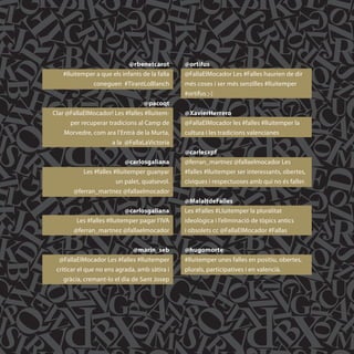 @rbenetcarot       @ortifus
   #lluitemper a que els infants de la falla   @FallaElMocador Les #Falles haurien de dir
             coneguen #TirantLoBlanch          més coses i ser més senzilles #lluitemper
                                               #ortifus ;-)
                                 @pacoqt
Clar @FallaElMocador! Les #falles #lluitem-    @XavierHerrero
      per recuperar tradicions al Camp de      @FallaElMocador les #falles #lluitemper la
    Morvedre, com ara l’Entrà de la Murta,     cultura i les tradicions valencianes
                     a la @FallaLaVictoria
                                               @carlesxpf
                           @carlosgaliana      @ferran_martnez @fallaelmocador Les
          Les #falles #lluitemper guanyar      #falles #lluitemper ser interessants, obertes,
                       un palet, qualsevol.    cíviques i respectuoses amb qui no és faller.
       @ferran_martnez @fallaelmocador
                                               @MalaltdeFalles
                           @carlosgaliana      Les #Falles #Lluitemper la pluralitat
        Les #falles #lluitemper pagar l’IVA    ideològica i l’eliminació de tòpics antics
       @ferran_martnez @fallaelmocador         i obsolets cc @FallaElMocador #Fallas


                               @marin_seb      @hugomorte
  @FallaElMocador Les #falles #lluitemper      #lluitemper unes falles en positiu, obertes,
 criticar el que no ens agrada, amb sàtira i   plurals, participatives i en valencià.
    gràcia, cremant-lo el dia de Sant Josep
 