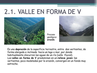 2.1. VALLE EN FORMA DE VProceso geológico: erosión.Es una depresión de la superficie terrestre, entre  dos vertientes, de forma alargada e inclinada  hacia un lago o mar, por donde habitualmente discurren las aguas de un río (valle  fluvial).Los valles en forma de V predominan en un relieve joven: las vertientes, poco modeladas por la erosión, convergen en un fondo muy estrecho.