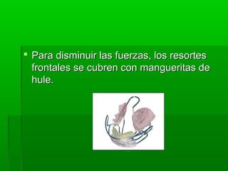 Para disminuir las fuerzas, los resortes
  frontales se cubren con mangueritas de
  hule.
 