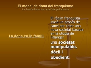 El model de dona del franquisme La Sección Femenina de la Falange Española     ,[object Object],[object Object],[object Object],[object Object],[object Object]