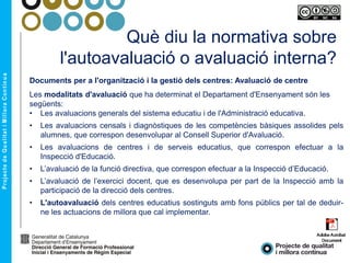 Què diu la normativa sobre
l'autoavaluació o avaluació interna?
Documents per a l'organització i la gestió dels centres: Avaluació de centre
Les modalitats d'avaluació que ha determinat el Departament d'Ensenyament són les
següents:
• Les avaluacions generals del sistema educatiu i de l'Administració educativa.
• Les avaluacions censals i diagnòstiques de les competències bàsiques assolides pels
alumnes, que correspon desenvolupar al Consell Superior d'Avaluació.
• Les avaluacions de centres i de serveis educatius, que correspon efectuar a la
Inspecció d'Educació.
• L’avaluació de la funció directiva, que correspon efectuar a la Inspecció d’Educació.
• L’avaluació de l’exercici docent, que es desenvolupa per part de la Inspecció amb la
participació de la direcció dels centres.
• L'autoavaluació dels centres educatius sostinguts amb fons públics per tal de deduir-
ne les actuacions de millora que cal implementar.
 