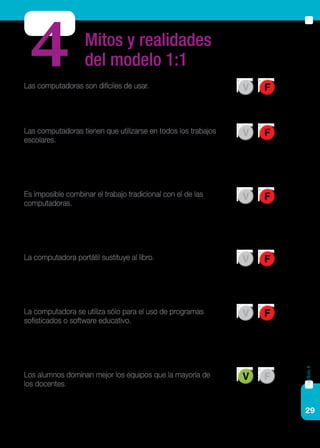 29
capítulo4
Las computadoras son difíciles de usar.
Falso. No es necesario ser un usuario avanzado o conocer programación para
operar una computadora. Se requiere una mínima familiarización.
Las computadoras tienen que utilizarse en todos los trabajos
escolares.
Falso. Cada docente establece el rol que ocuparán las computadoras en su plani-
ficación. Ese rol puede ir cambiando a medida que los docentes se apropien del
recurso, y ser o no central de acuerdo con cada actividad.
Es imposible combinar el trabajo tradicional con el de las
computadoras.
Falso. Si bien insistimos en que es posible y deseable incorporar nuevas prácticas
a través de las computadoras, estas pueden utilizarse también para escribir textos,
leer, enviar mensajes, etcétera.
La computadora portátil sustituye al libro.
Falso. Si bien hay muchos libros que están digitalizados y pueden leerse desde la
pantalla de una computadora o encontrarse en Internet, en la actualidad hay in-
formación que se encuentra sólo en los libros y se debe recurrir a ellos.
La computadora se utiliza sólo para el uso de programas
sofisticados o software educativo.
Falso. El equipo se puede utilizar para todo tipo de acciones, desde escribir una
tarea o hacer un esquema, hasta para mirar videos, utilizar simulaciones o herra-
mientas de gestión, etcétera.
Los alumnos dominan mejor los equipos que la mayoría de
los docentes.
Verdadero. Los jóvenes utilizan las tic en su vida cotidiana, tienen mejor manejo
operativo de los dispositivos y más naturalidad para encarar el uso de herramientas
nuevas. El docente tiene mejor manejo y criterio para la evaluación del contenido.
V F
V F
V F
V F
V F
V F
Mitos y realidades
del modelo 1:14
 