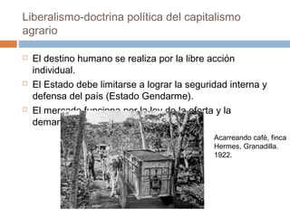  El destino humano se realiza por la libre acción
individual.
 El Estado debe limitarse a lograr la seguridad interna y
defensa del país (Estado Gendarme).
 El mercado funciona por la ley de la oferta y la
demanda.
Liberalismo-doctrina política del capitalismo
agrario
Acarreando café, finca
Hermes, Granadilla.
1922.
 