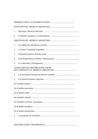 PRIMERA PARTE: FUNDAMENTACION....................................................

CONCEPTO DEL MODELO ARGENTINO..................................................

1.      Ideología y Doctrina Nacional..........................................................................

2.      El Modelo Argentino y el Justicialismo...........................................................

OBJETIVOS DEL MODELO ARGENTINO...................................................

1.      Un ámbito de coincidencia nacional..................................................................

2.      La futura Comunidad Argentina.......................................................................

3.      Orientación para las distintas áreas..................................................................

4.      Guía Programática y Político- administrativa...................................................

5.      La Liberación y la Integración.........................................................................

ANTECEDENTES HISTORICO-POLITICOS
QUE CONDUCEN AL MODELO ARGENTINO............................................

1.      Las enseñanzas del proceso histórico mundial...................................................

2.      La situación histórica argentina.........................................................................

En el ámbito político.........................................................................................

En el ámbito económico....................................................................................

En el ámbito social............................................................................................

En el ámbito cultural.........................................................................................

En el ámbito científico- tecnológico.................................................................

En el ámbito ecológico......................................................................................

En el ámbito institucional..................................................................................

3.      La exigencia de un modelo.................................................................................



SEGUNDA PARTE: DESARROLLO..................................................................
 