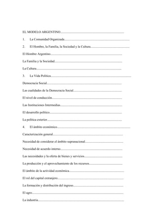 EL MODELO ARGENTINO................................................................................

1.      La Comunidad Organizada..................................................................................

2.      El Hombre, la Familia, la Sociedad y la Cultura.................................................

El Hombre Argentino..........................................................................................

La Familia y la Sociedad.....................................................................................

La Cultura...........................................................................................................

3.      La Vida Política.....................................................................................................

Democracia Social..............................................................................................

Las cualidades de la Democracia Social.............................................................

El nivel de conducción........................................................................................

Las Instituciones Intermedias..............................................................................

El desarrollo político...........................................................................................

La política exterior..............................................................................................

4.      El ámbito económico............................................................................................

Caracterización general........................................................................................

Necesidad de considerar el ámbito supranacional................................................

Necesidad de acuerdo interno..............................................................................

Las necesidades y la oferta de bienes y servicios................................................

La producción y el aprovechamiento de los recursos..........................................

El ámbito de la actividad económica.....................................................................

El rol del capital extranjero...................................................................................

La formación y distribución del ingreso...............................................................

El agro...................................................................................................................

La industria............................................................................................................
 