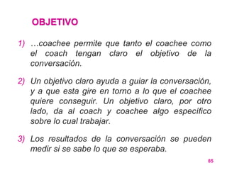 OBJETIVO
1) …coachee permite que tanto el coachee como
el coach tengan claro el objetivo de la
conversación.
2) Un objetiv...