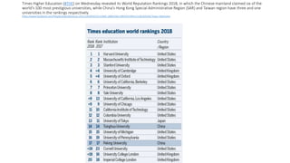Times Higher Education (#THE) on Wednesday revealed its World Reputation Rankings 2018, in which the Chinese mainland claimed six of the
world's 100 most prestigious universities, while China's Hong Kong Special Administrative Region (SAR) and Taiwan region have three and one
universities in the rankings respectively.
https://www.facebook.com/PeoplesDaily/photos/a.191212920930533.63965.188625661189259/1944131182305356/?type=3&theater
 