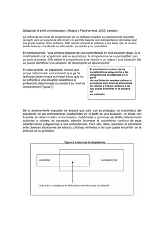 Utilizando el símil del ordenador, (Massot y Feisthammel, 2003) señalan:

La lectura de las líneas de programación de un software complejo es prácticamente imposible
(excepto para un experto de alto nivel) y no permite hacerse una representación del trabajo real
que puede realizar dicho software. Sólo cuando enfrenta el software a una tarea real, el usuario
puede hacerse una idea de su adecuación, su rapidez y su comodidad.

En consecuencia, “una persona dispone de una competencia en una situación dada. Si la
confrontación con el ejercicio real no se produce, la competencia no es perceptible o no
se pone a prueba. Sólo existe la competencia si se vincula a un objeto o una situación. No
se puede identificar si la situación de desempeño es desconocida”.

En este sentido, un estudiante, incluso que             El crecimiento continuo de las
                                                        características subyacentes a las
posee determinado conocimiento que ya ha                competencias establecidas en el
realizado determinada actividad, hasta que no           perfil
se enfrente a una situación académica o                 de una titulación requiere colocar al
profesional determinada no revelará su nivel de         estudiante ante diversas situaciones
competencia (Figura 6).                                 de estudio y trabajo similares a las
                                                        que puede encontrar en la práctica
                                                        de
                                                        su profesión.




De lo anteriormente expuesto se deduce que para que se produzca un crecimiento del
estudiante en las competencias establecidas en el perfil de una titulación, no basta con
formarle en determinados conocimientos, habilidades y promover en él/ella determinadas
actitudes o valores, es necesario además favorecer el crecimiento continuo de esas
características subyacentes a sus competencias. Para ello, debe colocarse al estudiante
ante diversas situaciones de estudio y trabajo similares a las que puede encontrar en la
práctica de su profesión.
 