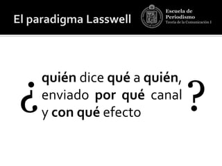 Escuela de
                        Periodismo
                        Teoría de la Comunicación I




    quién dice qué a quién,

¿   enviado por qué canal
    y con qué efecto               ?
 