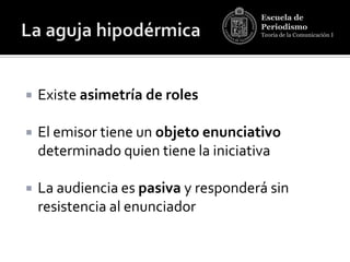 Escuela de
                                      Periodismo
                                      Teoría de la Comunicación I




   Existe asimetría de roles

   El emisor tiene un objeto enunciativo
    determinado quien tiene la iniciativa

   La audiencia es pasiva y responderá sin
    resistencia al enunciador
 