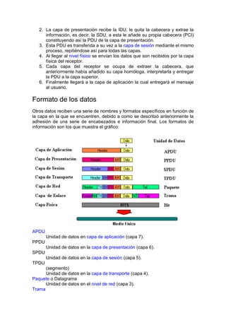 2. La capa de presentación recibe la IDU, le quita la cabecera y extrae la
      información, es decir, la SDU, a esta le añade su propia cabecera (PCI)
      constituyendo así la PDU de la capa de presentación.
   3. Esta PDU es transferida a su vez a la capa de sesión mediante el mismo
      proceso, repitiéndose así para todas las capas.
   4. Al llegar al nivel físico se envían los datos que son recibidos por la capa
      física del receptor.
   5. Cada capa del receptor se ocupa de extraer la cabecera, que
      anteriormente había añadido su capa homóloga, interpretarla y entregar
      la PDU a la capa superior.
   6. Finalmente llegará a la capa de aplicación la cual entregará el mensaje
      al usuario.

Formato de los datos
Otros datos reciben una serie de nombres y formatos específicos en función de
la capa en la que se encuentren, debido a como se describió anteriormente la
adhesión de una serie de encabezados e información final. Los formatos de
información son los que muestra el gráfico:




APDU
       Unidad de datos en capa de aplicación (capa 7).
PPDU
       Unidad de datos en la capa de presentación (capa 6).
SPDU
       Unidad de datos en la capa de sesión (capa 5).
TPDU
      (segmento)
      Unidad de datos en la capa de transporte (capa 4).
Paquete o Datagrama
      Unidad de datos en el nivel de red (capa 3).
Trama
 