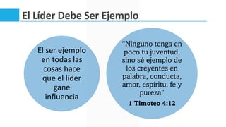 El Líder Debe Ser Ejemplo
El ser ejemplo
en todas las
cosas hace
que el líder
gane
influencia
“Ninguno tenga en
poco tu juventud,
sino sé ejemplo de
los creyentes en
palabra, conducta,
amor, espíritu, fe y
pureza”
1 Timoteo 4:12
 