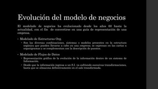 Evolución del modelo de negocios
El modelado de negocios ha evolucionado desde los años 60 hasta la
actualidad, con el fin de convertirse en una guía de representación de una
empresa.
• Modelado de Estructuras Org.
 Son las diversas combinaciones, sistemas o modelos presentes en la estructura
orgánica que pueden llevarse a cabo en una empresa; se expresan en las cartas u
organigramas y se complementan con la descripción de puestos.
• Modelado de Flujos de Datos
 Representación gráfica de la evolución de la información dentro de un sistema de
Información.
 Desde que la información ingresa a un S.I. va sufriendo sucesivas transformaciones,
hasta que se almacena definitivamente en el sale transformada.
 