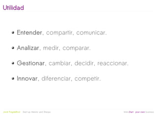 Utilidad


              Entender, compartir, comunicar.

              Analizar, medir, comparar.

              Gestionar, cambiar, decidir, reaccionar.

              Innovar, diferenciar, competir.



                                                   
Jordi Puigdellívol   Start-up Mentor and Sherpa       linktoStart your own business
 