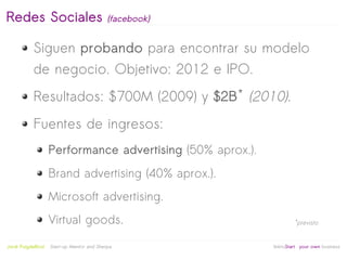 Redes Sociales                               (facebook)


            Siguen probando para encontrar su modelo
            de negocio. Objetivo: 2012 e IPO.
            Resultados: $700M (2009) y $2B* (2010).
            Fuentes de ingresos:
                     Performance advertising (50% aprox.).
                     Brand advertising (40% aprox.).
                     Microsoft advertising.
                     Virtual goods.                                    *previsto

                                                           
Jordi Puigdellívol   Start-up Mentor and Sherpa               linktoStart your own business
 