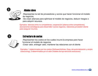 Aliados clave
-Representan la red de proveedores y socios que hacen funcionar el modelo
de negocios.
-Se crean alianzas para optimizar el modelo de negocios, deducir riesgos o
para adquirir recursos.
Ejemplos: alianzas entre no competidores, cooperación (alianza entre competidores),
asociaciones estratégicas para desarrollar nuevos negocios, relaciones proveedor-cliente
para asegurar insumos.
Estructura de costos
8
9
aramis.rodriguez@iesa.edu.ve
-Representan los costos en los cuales incurre la empresa para hacer
funcionar el modelo de negocios
-Crear valor, entregar valor, mantener las relaciones con el cliente
Ejemplos: 1-determinados por los costos (Sothwest Airlines, Esay Jet-automatización y amplio
outsourcing), 2-determinados por el valor (hoteles de lujo-servicios exclusivos).
9
 