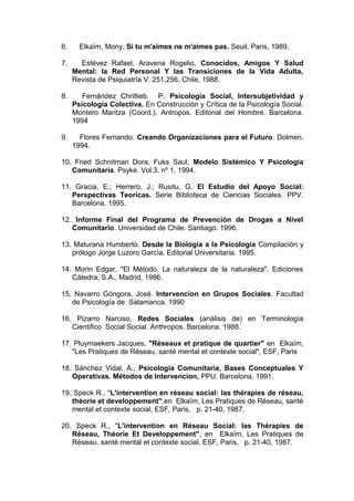 6. Elkaïm, Mony, Si tu m'aimes ne m'aimes pas. Seuil. Paris, 1989.
7. Estévez Rafael, Aravena Rogelio, Conocidos, Amigos Y Salud
Mental: la Red Personal Y las Transiciones de la Vida Adulta,
Revista de Psiquiatría V: 251,256, Chile, 1988.
8. Fernández Chritlieb, P. Psicología Social, Intersubjetividad y
Psicología Colectiva. En Construcción y Crítica de la Psicología Social.
Montero Maritza (Coord.). Antropos. Editorial del Hombre. Barcelona.
1994
9. Flores Fernando. Creando Organizaciones para el Futuro. Dolmen.
1994.
10. Fried Schnitman Dora, Fuks Saul, Modelo Sistémico Y Psicologia
Comunitaria. Psyke. Vol 3, nº 1, 1994.
11. Gracia, E.; Herrero, J.; Rusitu, G. El Estudio del Apoyo Social:
Perspectivas Teoricas. Serie Biblioteca de Ciencias Sociales. PPV.
Barcelona. 1995.
12. Informe Final del Programa de Prevención de Drogas a Nivel
Comunitario. Universidad de Chile. Santiago. 1996.
13. Maturana Humberto. Desde la Biologia a la Psicologia Compilación y
prólogo Jorge Luzoro García. Editorial Universitaria. 1995.
14. Morin Edgar, "El Método, La naturaleza de la naturaleza", Ediciones
Cátedra, S.A., Madrid, 1986.
15. Navarro Góngora, José. Intervencion en Grupos Sociales. Facultad
de Psicología de Salamanca. 1990
16. Pizarro Narciso, Redes Sociales (análisis de) en Terminología
Cientifico Social Social. Anthropos. Barcelona. 1988.
17. Pluymaekers Jacques, "Réseaux et pratique de quartier" en Elkaïm,
"Les Pratiques de Réseau, santé mental et contexte social", ESF, Paris
18. Sánchez Vidal, A., Psicologia Comunitaria, Bases Conceptuales Y
Operativas. Métodos de Intervencion, PPU. Barcelona, 1991.
19. Speck R., "L'intervention en réseau social: las thérapies de réseau,
théorie et developpement",en Elkaïm, Les Pratiques de Réseau, santé
mental et contexte social, ESF, Paris, p. 21-40, 1987.
20. Speck R., "L'intervention en Réseau Social: las Thérapies de
Réseau, Théorie Et Developpement", en Elkaïm, Les Pratiques de
Réseau, santé mental et contexte social, ESF, Paris, p. 21-40, 1987.
 