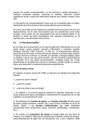 espacio de nuestro comportamiento. La red estructura nuestra percepción y
nuestras conductas sociales, construye la realidad, reformula nuestra
experiencia social y opera las distinciones básicas que orientan nuestro curso
vital.
La red aporta una conceptualización sobre que es la sociedad para un sujeto,
delimitando de forma precisa el área social sobre la que se interviene
En suma, para cada uno de nosotros, la sociedad es la red social en la que nos
desenvolvemos. Es en este micro-sistema que nos constituímos como entes
sociales, como partes de ese suprasistema que es la sociedad global. Y es
también a través de este microsistema que nosotros participamos en la
reproducción y transformación de la misma.
6.2 La Red Operante(RO)
Es el modo de funcionamiento en el cual el sujeto-foco intercambia con su red
social apoyo, ayuda material, servicios, información y contactos sociales
(Estevez, Aravena 1988, Navarro). La RO es el funcionamiento efectivo,
operante de la red social, a través del cual el individuo o familia pueden obtener
un apoyo real de su entorno. Le permite, por ejemplo, conseguir trabajo, lograr
un ascenso, ubicar una casa para arrendar, usar los servicios profesionales de
un miembro de la red, lograr reconocimiento y prestigio social, etc. Incide
directamente en la calidad de vida de un individuo o familia siendo un recurso
clave para desarrollar y mantener interacciones gratificantes.
Tipos de apoyo social
En relación al apoyo social Veil (1985, en Navarro) se plantea tres preguntas
básicas:
1. ¿qué es lo que se otorga?
2. ¿quién lo otorga?
3. ¿cómo se mide lo que se otorga?
1. En relación a la primera pregunta propone la siguiente respuesta: la red
social proporciona apoyo psicológico e instrumental en situaciones de la vida
cotidiana y en situaciones de crisis.
2. Veil distingue dos fuentes de apoyo. Las fuentes naturales (familia, grupo
de pares, grupos primarios, vecinos, etc.) cuya función inmediata no es la de
ofrecer apoyo; y las fuentes institucionales que están diseñadas
precisamente para proporcionar apoyo (servicios asistenciales, consultorios,
etc.)
3. En cuanto a la evaluación del apoyo se puede optar por dos tipos de
criterios, uno "objetivo" dado por la frecuencia de contactos, número de amigos,
ausencia/presencia de algún tipo de transacción, etc. y otro "subjetivo" dado
 