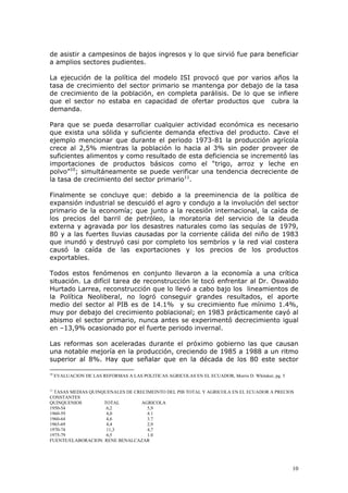 10
de asistir a campesinos de bajos ingresos y lo que sirvió fue para beneficiar
a amplios sectores pudientes.
La ejecución de la política del modelo ISI provocó que por varios años la
tasa de crecimiento del sector primario se mantenga por debajo de la tasa
de crecimiento de la población, en completa parálisis. De lo que se infiere
que el sector no estaba en capacidad de ofertar productos que cubra la
demanda.
Para que se pueda desarrollar cualquier actividad económica es necesario
que exista una sólida y suficiente demanda efectiva del producto. Cave el
ejemplo mencionar que durante el periodo 1973-81 la producción agrícola
crece al 2,5% mientras la población lo hacia al 3% sin poder proveer de
suficientes alimentos y como resultado de esta deficiencia se incrementó las
importaciones de productos básicos como el “trigo, arroz y leche en
polvo”10
; simultáneamente se puede verificar una tendencia decreciente de
la tasa de crecimiento del sector primario11
.
Finalmente se concluye que: debido a la preeminencia de la política de
expansión industrial se descuidó el agro y condujo a la involución del sector
primario de la economía; que junto a la recesión internacional, la caída de
los precios del barril de petróleo, la moratoria del servicio de la deuda
externa y agravada por los desastres naturales como las sequías de 1979,
80 y a las fuertes lluvias causadas por la corriente cálida del niño de 1983
que inundó y destruyó casi por completo los sembríos y la red vial costera
causó la caída de las exportaciones y los precios de los productos
exportables.
Todos estos fenómenos en conjunto llevaron a la economía a una crítica
situación. La difícil tarea de reconstrucción le tocó enfrentar al Dr. Oswaldo
Hurtado Larrea, reconstrucción que lo llevó a cabo bajo los lineamientos de
la Política Neoliberal, no logró conseguir grandes resultados, el aporte
medio del sector al PIB es de 14.1% y su crecimiento fue mínimo 1.4%,
muy por debajo del crecimiento poblacional; en 1983 prácticamente cayó al
abismo el sector primario, nunca antes se experimentó decrecimiento igual
en –13,9% ocasionado por el fuerte periodo invernal.
Las reformas son aceleradas durante el próximo gobierno las que causan
una notable mejoría en la producción, creciendo de 1985 a 1988 a un ritmo
superior al 8%. Hay que señalar que en la década de los 80 este sector
10
EVALUACION DE LAS REFORMAS A LAS POLITICAS AGRICOLAS EN EL ECUADOR, Morris D. Whitaker, pg. 5
11
TASAS MEDIAS QUINQUENALES DE CRECIMEINTO DEL PIB TOTAL Y AGRICOLA EN EL ECUADOR A PRECIOS
CONSTANTES
QUINQUENIOS TOTAL AGRICOLA
1950-54 6,2 5,9
1960-59 4,0 4.1
1960-64 4,6 3.7
1965-69 4,4 2,9
1970-74 11,3 4,7
1975-79 6,5 1.0
FUENTE/ELABORACION: RENE BENALCAZAR
 