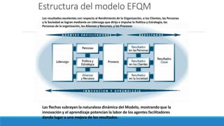 Estructura del modelo EFQM
Las flechas subrayan la naturaleza dinámica del Modelo, mostrando que la
innovación y el aprendizaje potencian la labor de los agentes facilitadores
dando lugar a una mejora de los resultados.
Los resultados excelentes con respecto al Rendimiento de la Organización, a los Clientes, las Personas
y la Sociedad se logran mediante un Liderazgo que dirija e impulse la Política y Estrategia, las
Personas de la organización, las Alianzas y Recursos, y los Procesos
 
