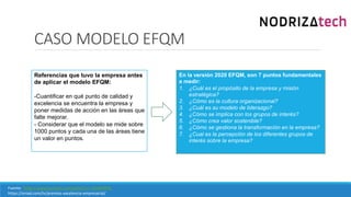 CASO MODELO EFQM
Referencias que tuvo la empresa antes
de aplicar el modelo EFQM:
-Cuantificar en qué punto de calidad y
excelencia se encuentra la empresa y
poner medidas de acción en las áreas que
falte mejorar.
- Considerar que el modelo se mide sobre
1000 puntos y cada una de las áreas tiene
un valor en puntos.
En la versión 2020 EFQM, son 7 puntos fundamentales
a medir:
1. ¿Cuál es el propósito de la empresa y misión
estratégica?
2. ¿Cómo es la cultura organizacional?
3. ¿Cuál es su modelo de liderazgo?
4. ¿Cómo se implica con los grupos de interés?
5. ¿Cómo crea valor sostenible?
6. ¿Cómo se gestiona la transformación en la empresa?
7. ¿Cual es la percepción de los diferentes grupos de
interés sobre la empresa?
Fuente: https://www.youtube.com/watch?v=-VRV6R4NIfc
https://oniad.com/tv/premios-excelencia-empresarial/
 
