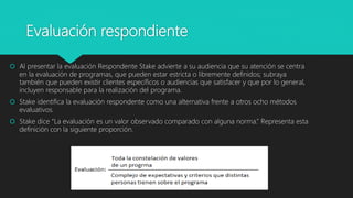 Evaluación respondiente
 Al presentar la evaluación Respondente Stake advierte a su audiencia que su atención se centra
en la evaluación de programas, que pueden estar estricta o libremente definidos; subraya
también que pueden existir clientes específicos o audiencias que satisfacer y que por lo general,
incluyen responsable para la realización del programa.
 Stake identifica la evaluación respondente como una alternativa frente a otros ocho métodos
evaluativos.
 Stake dice “La evaluación es un valor observado comparado con alguna norma.” Representa esta
definición con la siguiente proporción.
 
