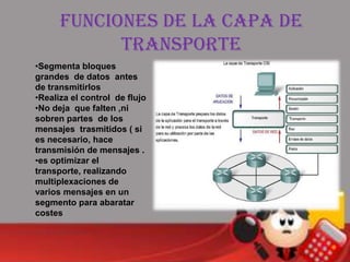Funciones de la capa de
            transporte
•Segmenta bloques
grandes de datos antes
de transmitirlos
•Realiza el control de flujo
•No deja que falten ,ni
sobren partes de los
mensajes trasmitidos ( si
es necesario, hace
transmisión de mensajes .
•es optimizar el
transporte, realizando
multiplexaciones de
varios mensajes en un
segmento para abaratar
costes
 