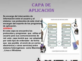 CAPA DE
                         APLICACIÓN
Se encarga del intercambio de
información entre el usuario y el
sistema. Los protocolos de este nivel se
encargan del soporte de los programas
de aplicación.
ADEMAS:
En esta capa se encuentra los
protocolos y programas que utiliza el
usuario para sus comunicaciones de
red .esta capa tendrá que ser adaptada
par cada tipo de ordenador de forma
que sea posible el envió de un correo
electrónico( u otros servicios).entre
sistema heterogéneos como Macintosh
, Linux o Windows
 