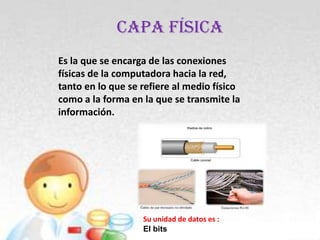 Capa física
Es la que se encarga de las conexiones
físicas de la computadora hacia la red,
tanto en lo que se refiere al medio físico
como a la forma en la que se transmite la
información.




                   Su unidad de datos es :
                   El bits
 