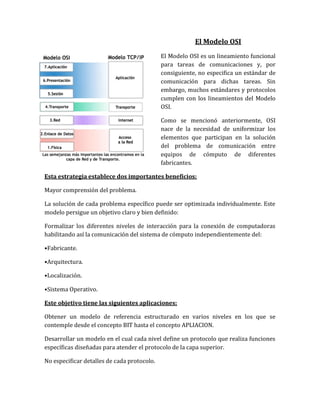 El Modelo OSI
El Modelo OSI es un lineamiento funcional
para tareas de comunicaciones y, por
consiguiente, no especifica un estándar de
comunicación para dichas tareas. Sin
embargo, muchos estándares y protocolos
cumplen con los lineamientos del Modelo
OSI.
Como se mencionó anteriormente, OSI
nace de la necesidad de uniformizar los
elementos que participan en la solución
del problema de comunicación entre
equipos de cómputo de diferentes
fabricantes.
Esta estrategia establece dos importantes beneficios:
Mayor comprensión del problema.
La solución de cada problema específico puede ser optimizada individualmente. Este
modelo persigue un objetivo claro y bien definido:
Formalizar los diferentes niveles de interacción para la conexión de computadoras
habilitando así la comunicación del sistema de cómputo independientemente del:
•Fabricante.
•Arquitectura.
•Localización.
•Sistema Operativo.
Este objetivo tiene las siguientes aplicaciones:
Obtener un modelo de referencia estructurado en varios niveles en los que se
contemple desde el concepto BIT hasta el concepto APLIACION.
Desarrollar un modelo en el cual cada nivel define un protocolo que realiza funciones
específicas diseñadas para atender el protocolo de la capa superior.
No especificar detalles de cada protocolo.

 