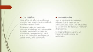  QUE ENSEÑAR
Hace referencia a los contenidos que
propicios para un proceso adecuado de
enseñanza y aprendizaje.
En general todos los contenidos
propician aprendizaje, solo que se debe
aprender a enseñarlos a través del
contexto de cada persona y a hacer
el aula sea un espacio de integración
donde todos juntos construyen.
 COMO ENSEÑAR
Aquí se debe tener en cuenta los
métodos que se creen son los
adecuados para llegar a los estudiantes;
ya sea a través del dialogo, o resolución
de problemas.
Lo importante es no volverse un
transmisor unidireccional de
contenidos.
 