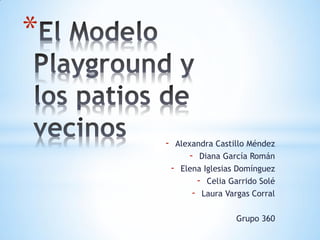 * 
-Alexandra Castillo Méndez 
-Diana García Román 
-Elena Iglesias Domínguez 
-Celia Garrido Solé 
-Laura Vargas Corral 
Grupo 360 
 