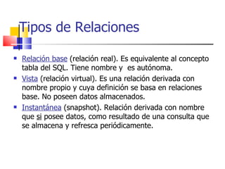 Tipos de Relaciones Relación base  (relación real). Es equivalente al concepto tabla del SQL. Tiene nombre y  es autónoma. Vista   (relación virtual). Es una relación derivada con nombre propio y cuya definición se basa en relaciones base. No poseen datos almacenados. Instantánea  (snapshot). Relación derivada con nombre que  si  posee datos, como resultado de una consulta que se almacena y refresca periódicamente. 