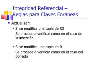 Actualizar: Si se modifica una tupla de R2 Se procede a verificar como en el caso de la inserción Si se modifica una tupla en R1 Se procede a verificar como en el caso del borrado Integridad Referencial –  Reglas para Claves Foráneas 