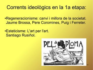 14
Corrents ideològics en la 1a etapa:
●Regeneracionisme: canvi i millora de la societat.
Jaume Brossa, Pere Coromines, Puig i Ferreter.
●Esteticisme: L'art per l'art.
Santiago Rusiñol.
 