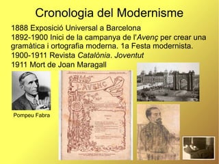 8
Cronologia del Modernisme
1888 Exposició Universal a Barcelona
1892-1900 Inici de la campanya de l'Avenç per crear una
gramàtica i ortografia moderna. 1a Festa modernista.
1900-1911 Revista Catalònia. Joventut
1911 Mort de Joan Maragall
Pompeu Fabra
 