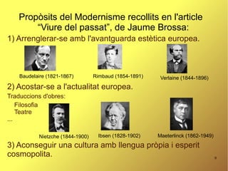 9
Propòsits del Modernisme recollits en l'article
“Viure del passat”, de Jaume Brossa:
1) Arrenglerar-se amb l'avantguarda estètica europea.
2) Acostar-se a l'actualitat europea.
Traduccions d'obres:
Filosofia
Teatre
...
3) Aconseguir una cultura amb llengua pròpia i esperit
cosmopolita.
Baudelaire (1821-1867) Rimbaud (1854-1891) Verlaine (1844-1896)
Nietzche (1844-1900) Ibsen (1828-1902) Maeterlinck (1862-1949)
 