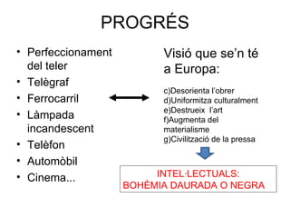 PROGRÉS Perfeccionament del teler Telègraf Ferrocarril Làmpada incandescent Telèfon Automòbil Cinema... Visió que se’n té a Europa: Desorienta l’obrer Uniformitza culturalment Destrueix  l’art Augmenta del materialisme Civilització de la pressa INTEL·LECTUALS: BOHÈMIA DAURADA O NEGRA 