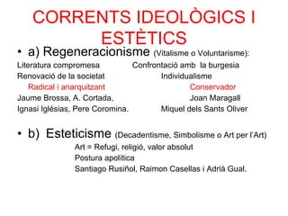 CORRENTS IDEOLÒGICS I ESTÈTICS a) Regeneracionisme  (Vitalisme o Voluntarisme): Literatura compromesa  Confrontació amb  la burgesia Renovació de la societat Individualisme Radical i anarquitzant Conservador Jaume Brossa, A. Cortada, Joan Maragall Ignasi Iglésias, Pere Coromina. Miquel dels Sants Oliver b) Esteticisme  (Decadentisme, Simbolisme o Art per l’Art) ‏ Art = Refugi, religió, valor absolut Postura apolítica Santiago Rusiñol, Raimon Casellas i Adrià Gual. 