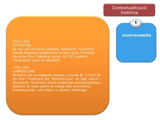 1 AVANTGUARDES 1916-1924 FUTURISME... Es rep i es conrea el cubisme, dadaisme i futurisme. Salvat-Papasseit publica tota la seva obra. Primeres obres de Foix, Folguera, Junoy. El 1923 apareix l'anomenat "grup de Sabadell". 1926-1931  SURREALISME  Recepció del Surrealisme francès a través de "L'Amic de les Arts". Publicació del "Manifest groc" de Dalí, Gasch i Muntanyà. Continuen altres tendències avantguardistes. Aparició de nous autors al marge dels moviments d'avantguarda, com Espriu o Llorenç Villalonga. Contextualització històrica 