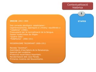 1 ETAPES INICIS  1892-1900 Dos corrents ideològics: esteticisme i regeneracionisme, apareguts a L’Avenç i equilibrats a "Catalònia" (1906). Preocupació per la normalització de la llengua. Festes modernistes de Sitges. “ Quatre Gats".  "Pel&Ploma". 1900-1911 MODERNISME TRIOMFANT  1900-1911 Revista "Joventut". Assimilació d'escriptors de la Renaixença. Aparició del ruralisme. Producció novel·lística important. Revalorització dels Jocs Florals. Primeres mostres del Noucentisme. Contextualització històrica 