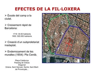 EFECTES DE LA FIL·LOXERA Èxode del camp a la ciutat. Creixement ràpid de Barcelona: 1718: 35.00 habitants 1900: 500.000 habitants Creació d’un subproletariat inadaptat. Enderrocament de les muralles (1854): Pla Cerdà. Plaça Catalunya Passeig de Gràcia Diagonal Gràcia, Sant Gervasi, Sarrià, Sant Martí de Provençals... 