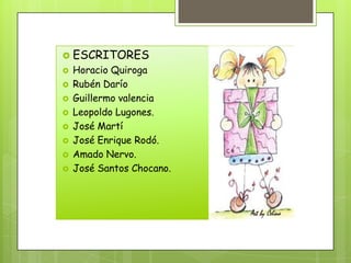  ESCRITORES
   Horacio Quiroga
   Rubén Darío
   Guillermo valencia
   Leopoldo Lugones.
   José Martí
   José Enrique Rodó.
   Amado Nervo.
   José Santos Chocano.
 