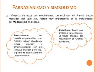 PARNASIANISMO Y SIMBOLISMO
La influencia de estos dos movimientos, desarrollados en Francia desde
  mediados del siglo XIX, fueron muy importantes en la instauración
  del Modernismo en España.


                                          Simbolismo: Posee una
                                          ambición trascendental.
      Parnasianismo:           Sus        La figura principal del
      partidarios pretendían crear        movimiento es Charles
      "objetos bellos", abordando         Baudelaire.
      temas        exóticos      y
      ornamentándolos con un
      lenguaje musical, pero frío.
      El padre de esta escuela fue
      Leconte de Lisle.
 
