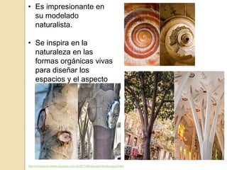 • Es impresionante en
su modelado
naturalista.
• Se inspira en la
naturaleza en las
formas orgánicas vivas
para diseñar los
espacios y el aspecto
general de su obra.
http://verdadyverdades.blogspot.com.es/2011/06/sagrada-familia-gaudi.html
 